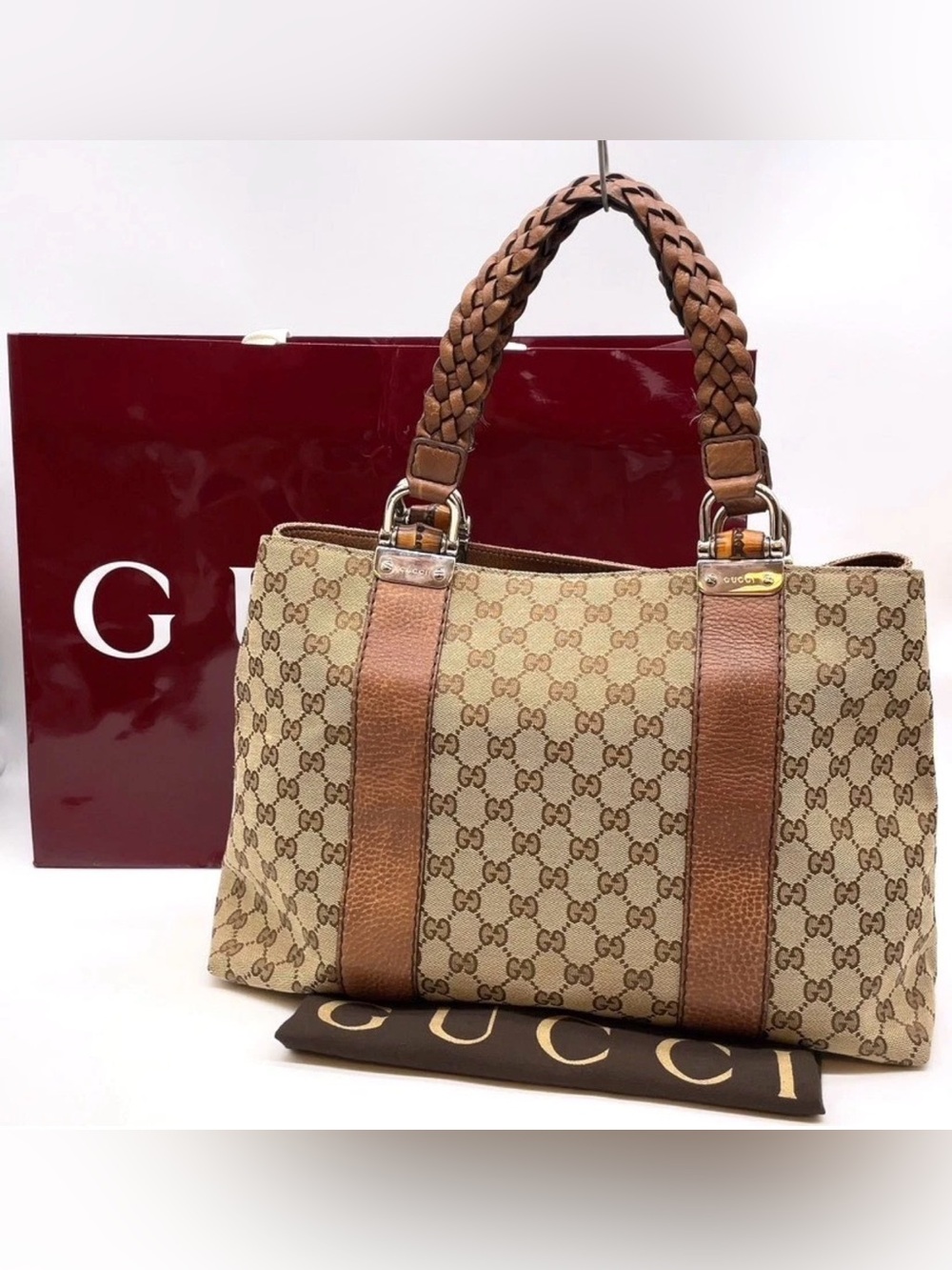 Auth Gucci Bamboo Bar GG Canvas Leather Beige  Tote Bag W/Bag